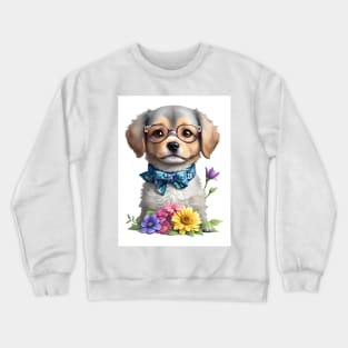 Cute puppy wearing glasses with flowers Crewneck Sweatshirt